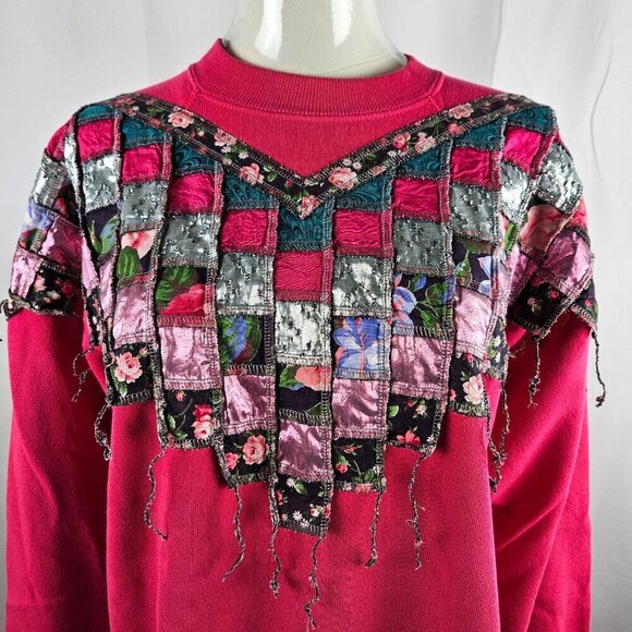 Vintage 80's 90's Jane Ekberg Patchwork Sweatshirt Pink Abstract Patch Boho - Picture 3 of 9